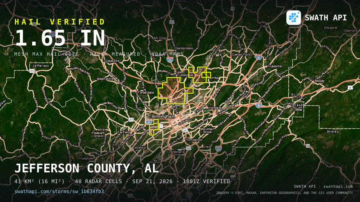 Storm card: 1–1.7" hail crossed Jefferson County, AL — September 21, 2026