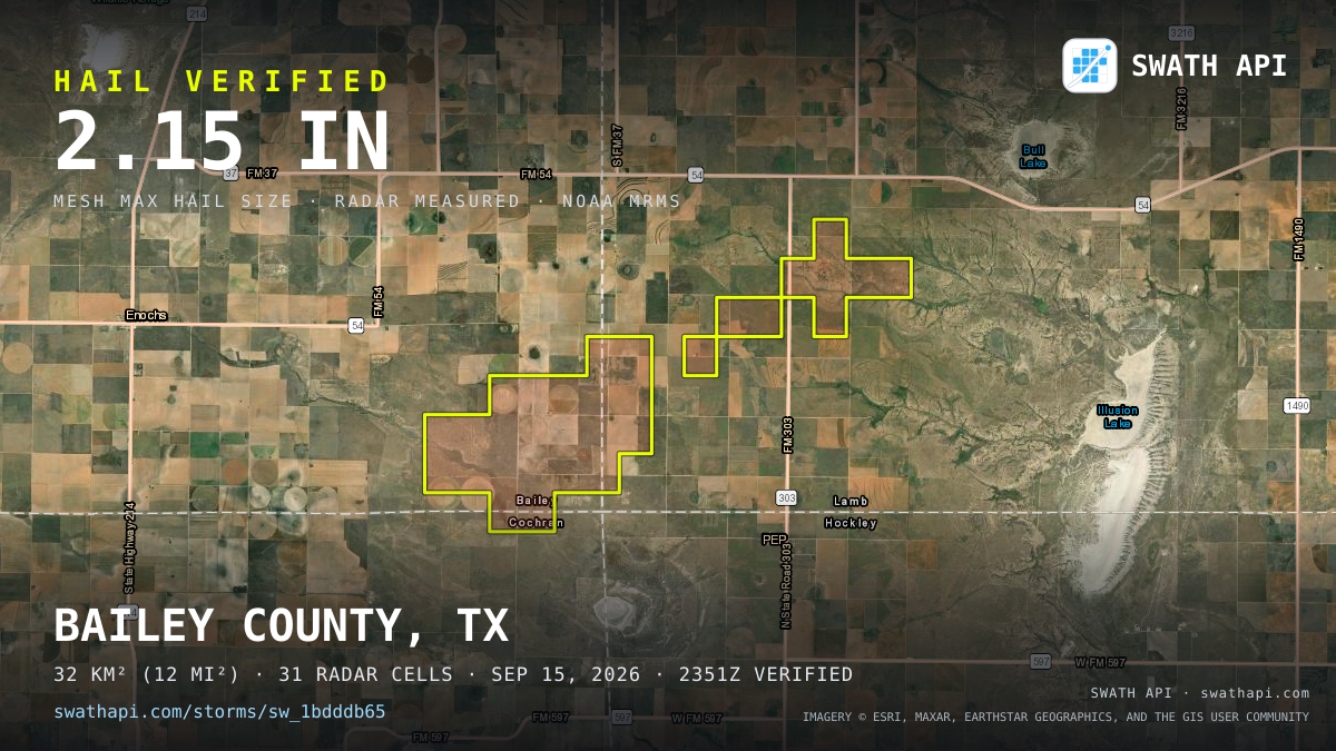 Storm card: 1.1–2.2" hail crossed Lamb County, TX — September 15, 2026