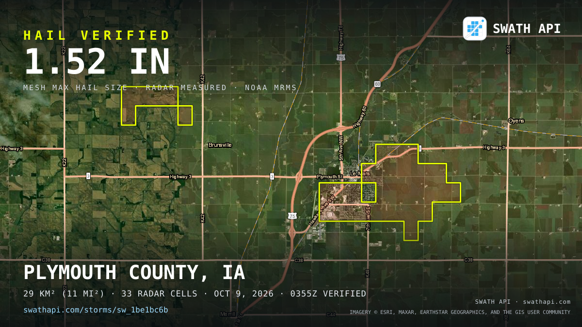 Storm card: 1.1–2.5" hail crossed Plymouth County, IA — October 9, 2026