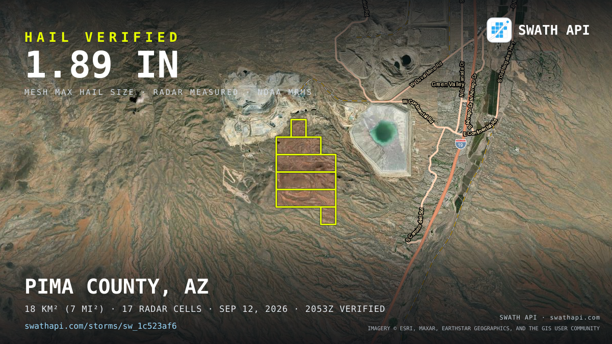 Storm card: 1.3–1.9" hail crossed Pima County, AZ — September 12, 2026