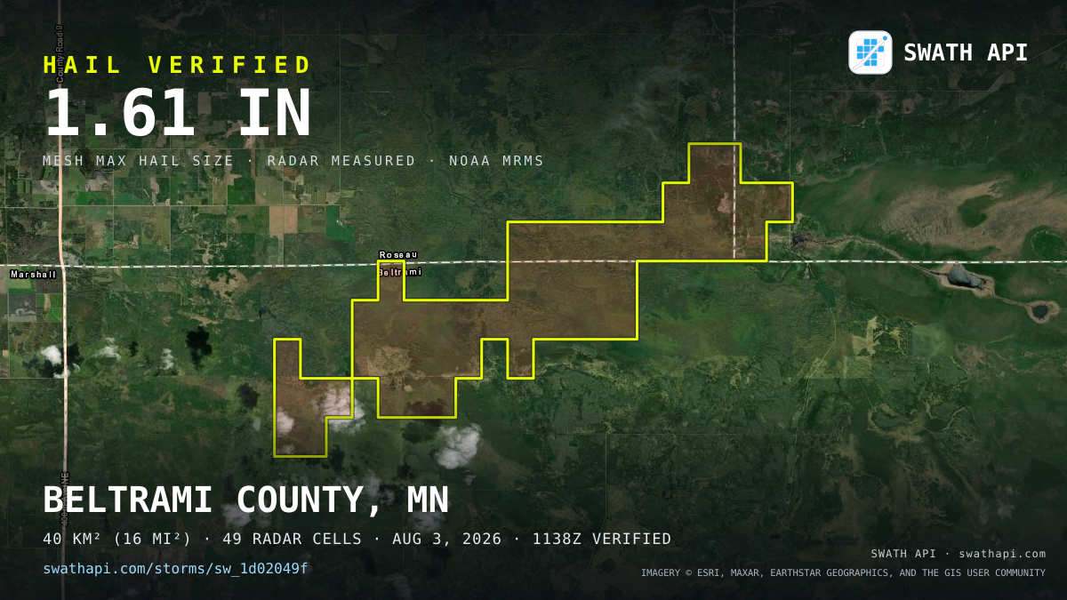 Storm card: 1.3–1.6" hail crossed Beltrami County, MN — August 3, 2026