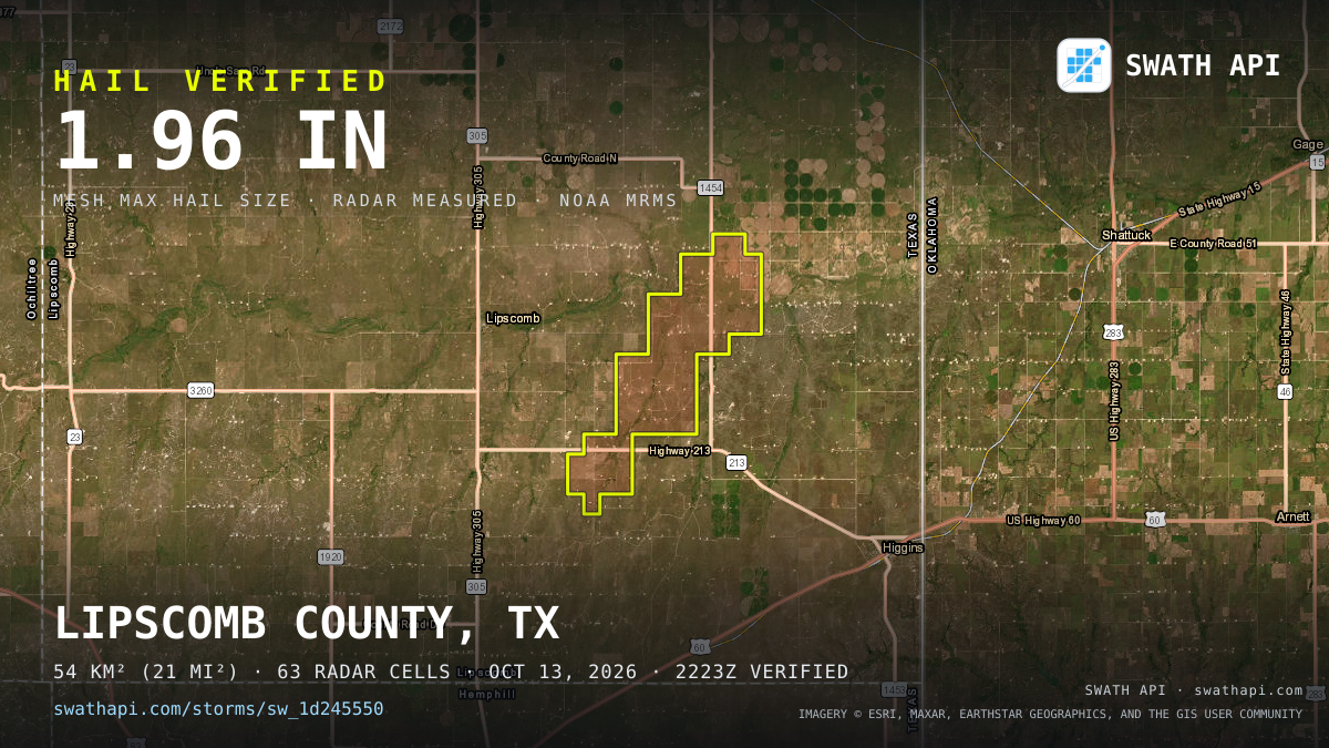 Storm card: 1.3–2" hail crossed Lipscomb County, TX — October 13, 2026