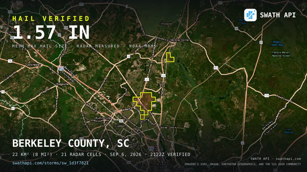 Storm card: 1.1–1.6" hail crossed Berkeley County, SC — September 6, 2026