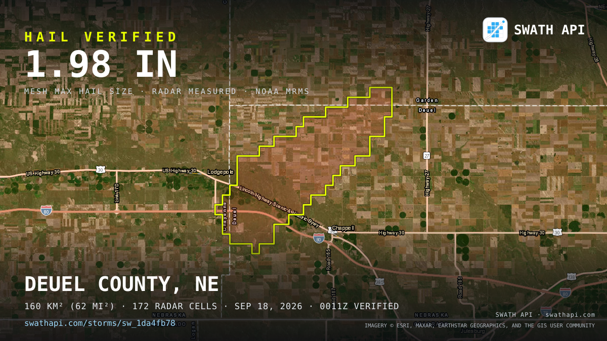 Storm card: 1.2–2" hail crossed Deuel County, NE — September 18, 2026