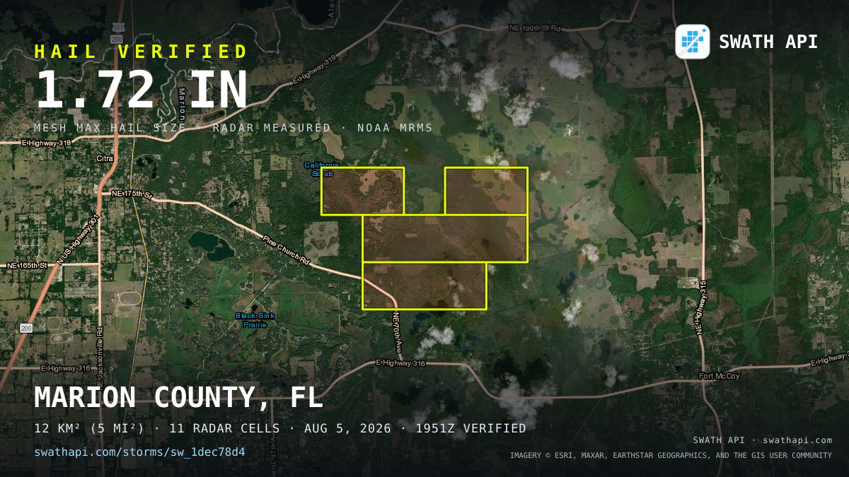 Storm card: 1.1–1.7" hail crossed Marion County, FL — August 5, 2026