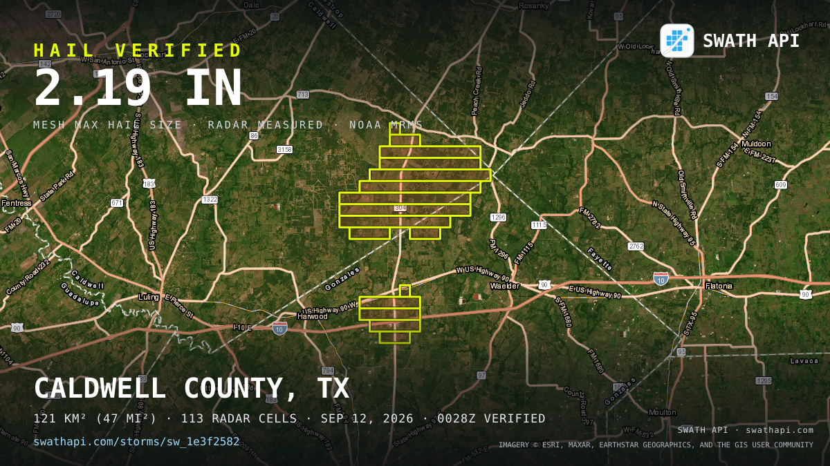 Storm card: 1.1–2.2" hail crossed Caldwell County, TX — September 12, 2026