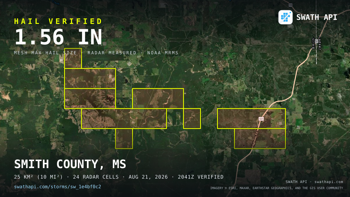 Storm card: 1.1–1.6" hail crossed Smith County, MS — August 21, 2026