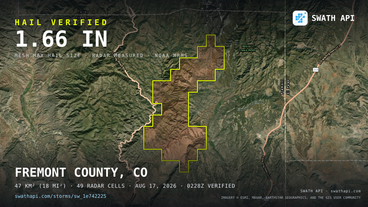 Storm card: 1.1–1.7" hail crossed Fremont County, CO — August 17, 2026