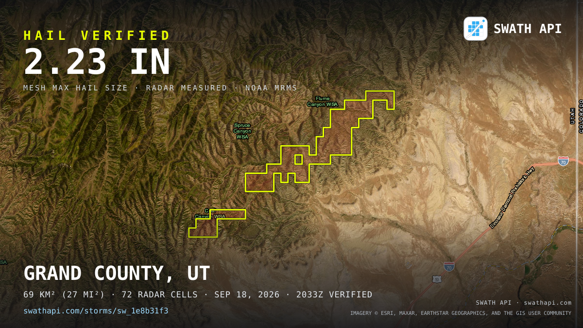 Storm card: 1.3–2.2" hail crossed Grand County, UT — September 18, 2026