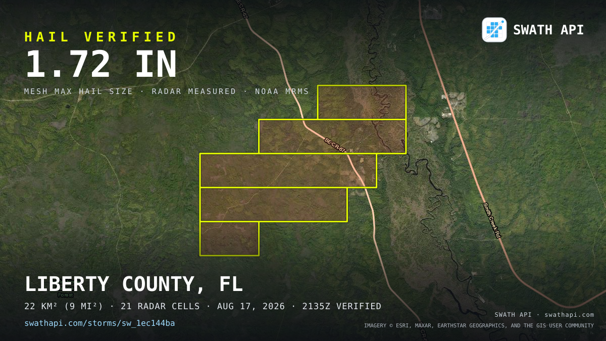 Storm card: 1.2–1.7" hail crossed Liberty County, FL — August 17, 2026