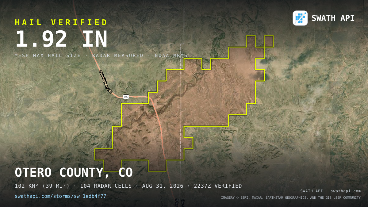 Storm card: 1.2–1.9" hail crossed Bent County, CO — August 31, 2026