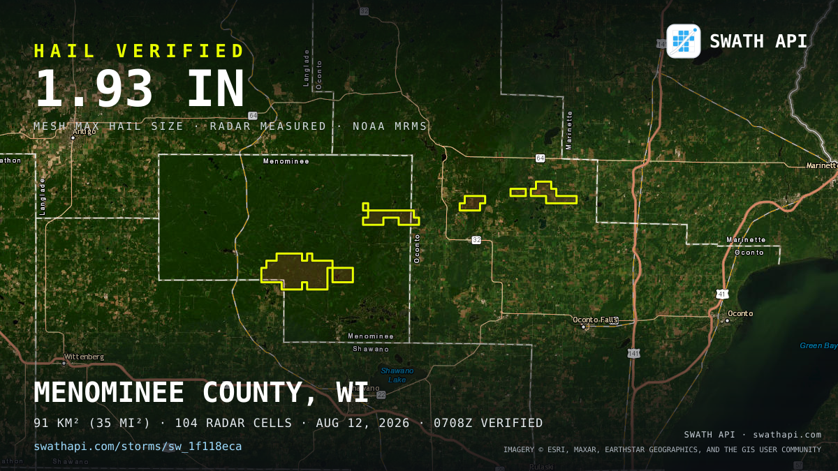 Storm card: 1.1–1.9" hail crossed Menominee County, WI — August 12, 2026