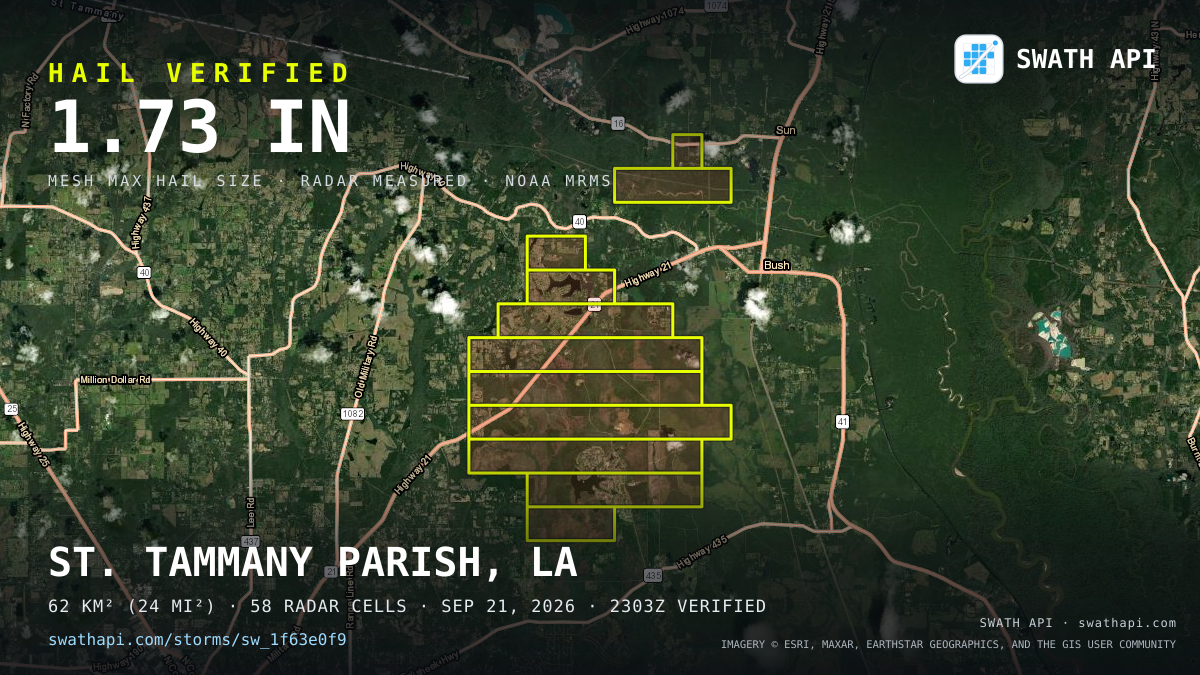 Storm card: 1.2–1.7" hail crossed St. Tammany Parish, LA — September 21, 2026