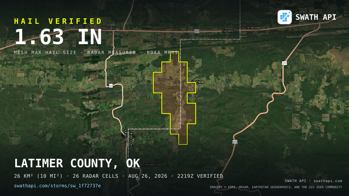 Storm card: 1.1–1.6" hail crossed Latimer County, OK — August 26, 2026