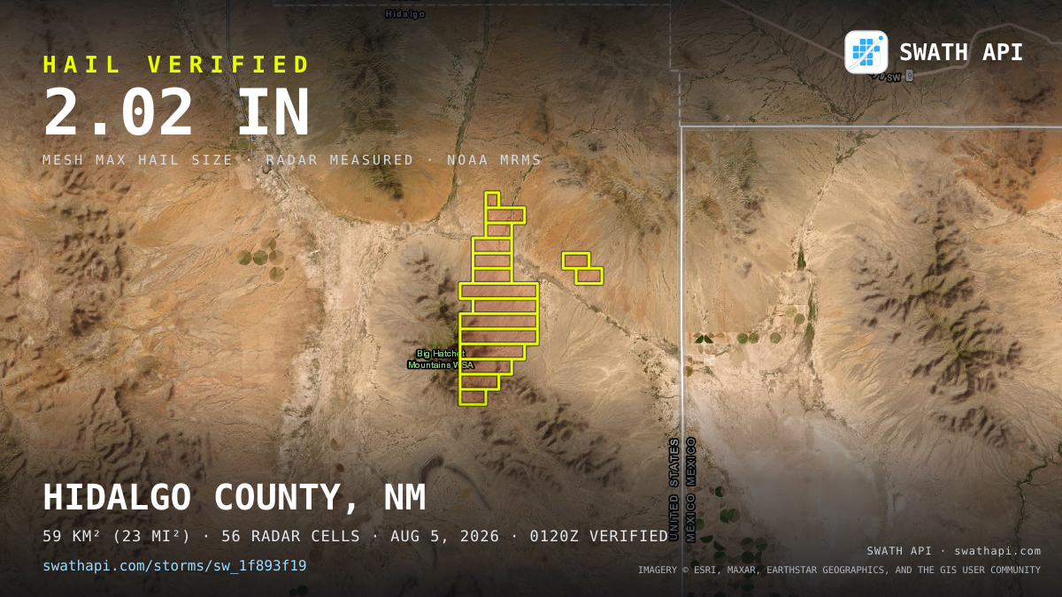 Storm card: 1.2–2" hail crossed Hidalgo County, NM — August 5, 2026