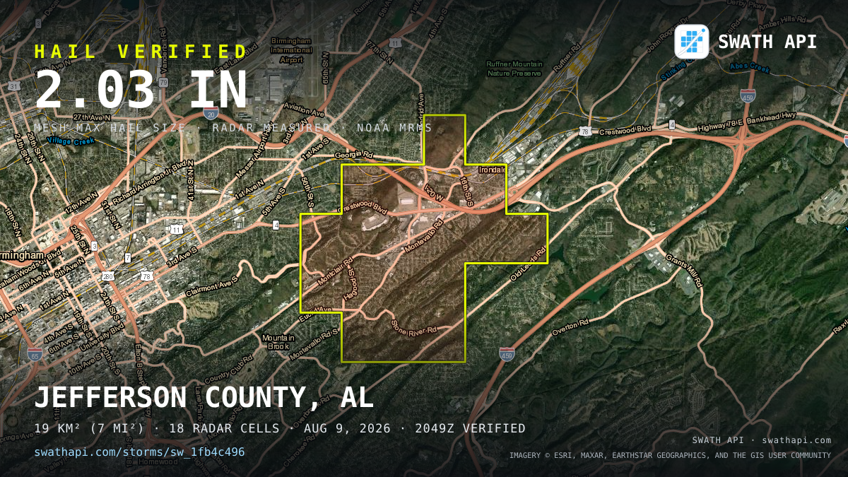 Storm card: 1.3–2" hail crossed Jefferson County, AL — August 9, 2026
