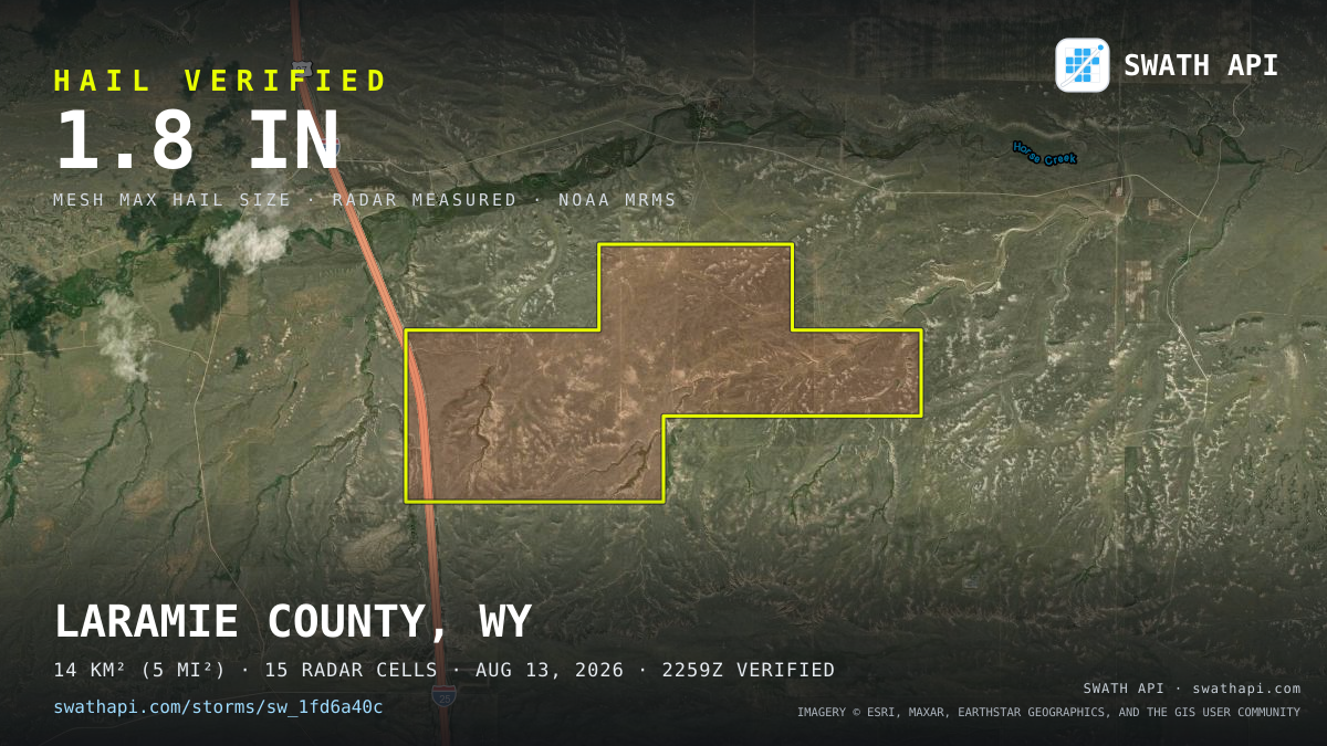 Storm card: 1.2–1.8" hail crossed Laramie County, WY — August 13, 2026