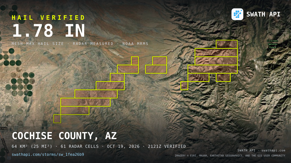 Storm card: 1.1–2.6" hail crossed Cochise County, AZ — October 19, 2026