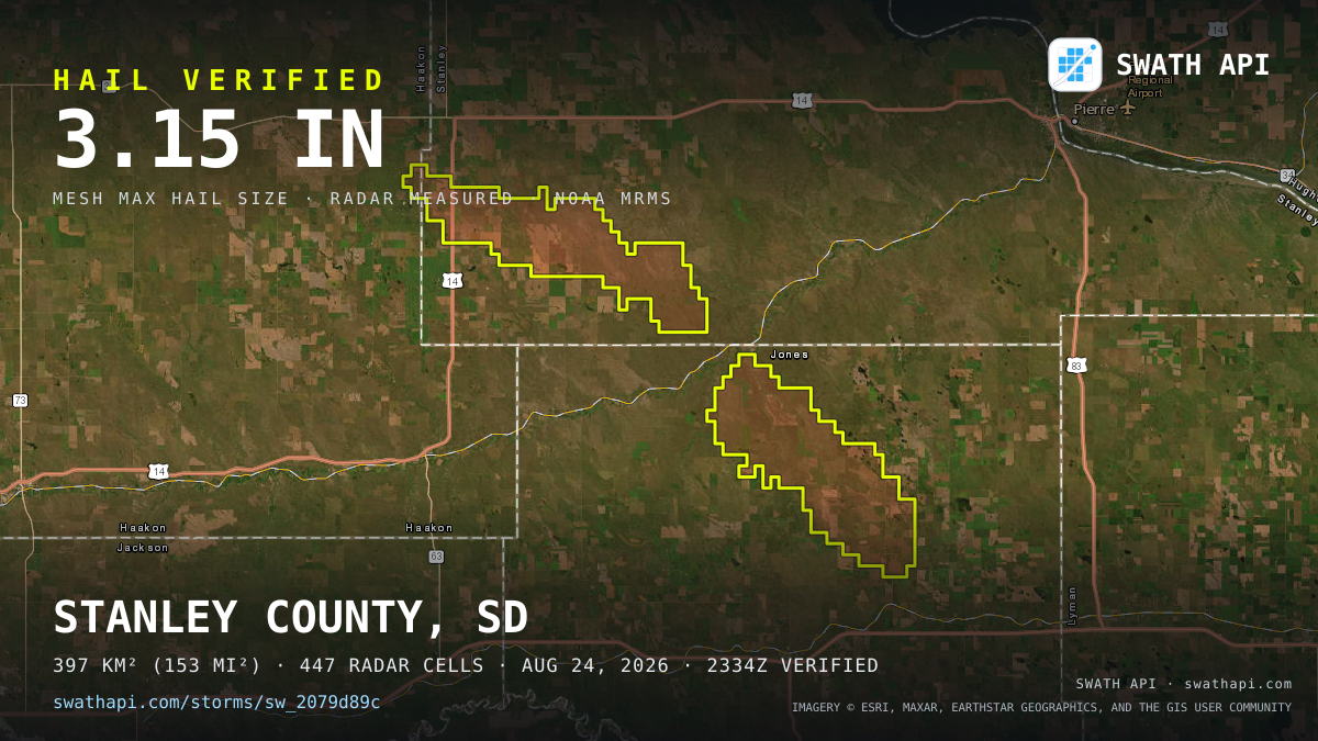 Storm card: 1.3–3.2" hail crossed Jones County, SD — August 24, 2026