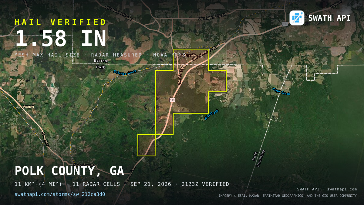 Storm card: 1.1–1.6" hail crossed Polk County, GA — September 21, 2026