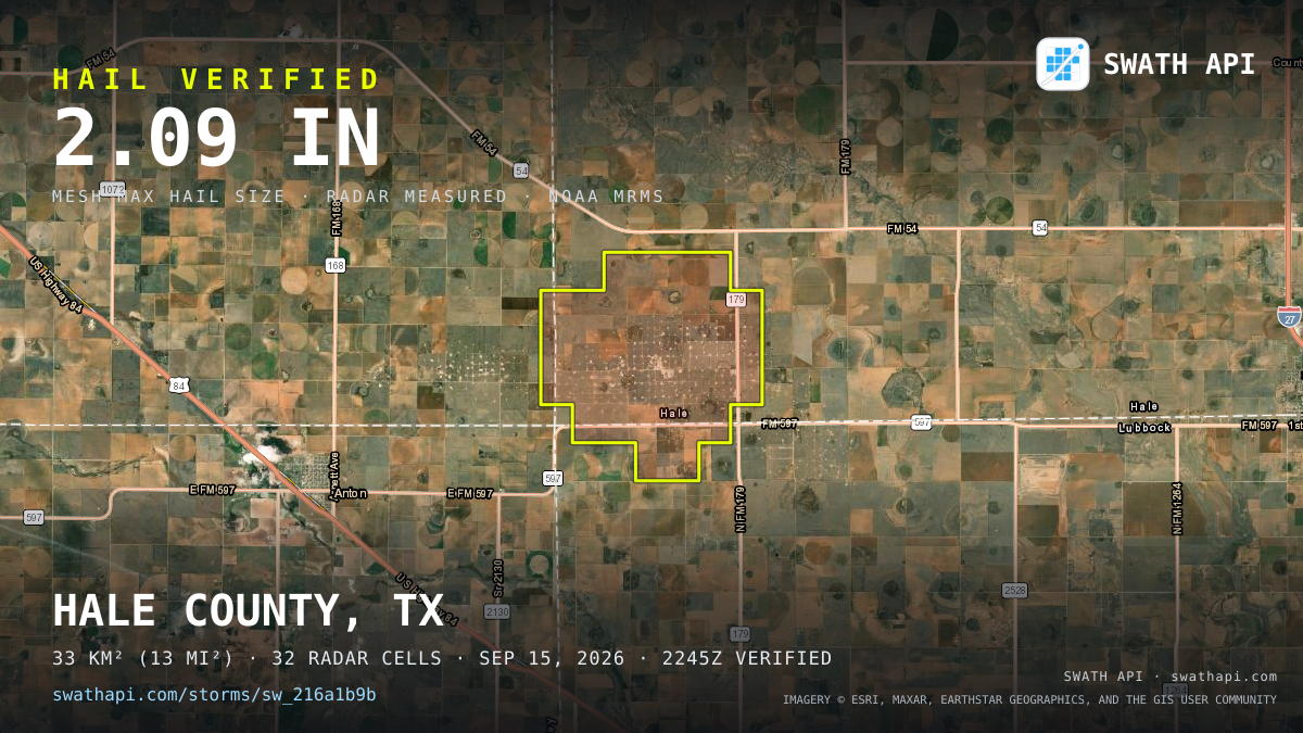 Storm card: 1.3–2.1" hail crossed Hale County, TX — September 15, 2026