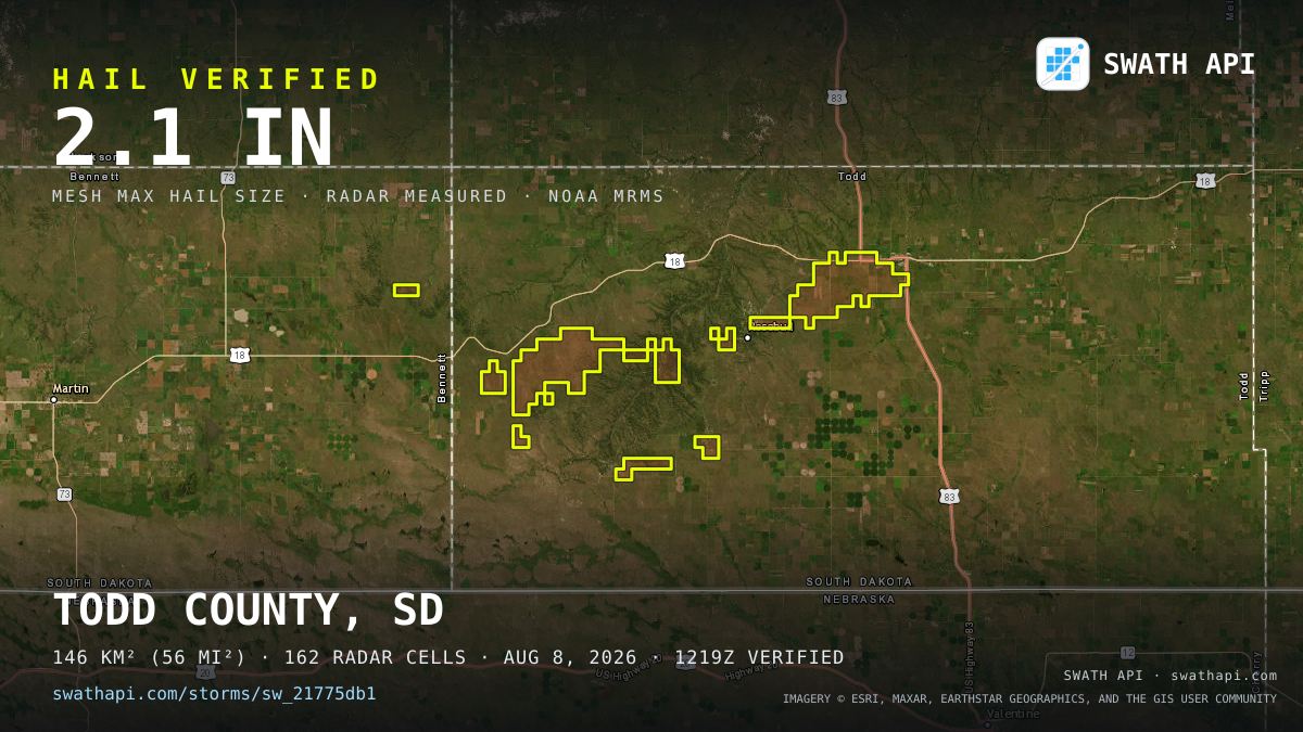 Storm card: 1.2–2.1" hail crossed Todd County, SD — August 8, 2026