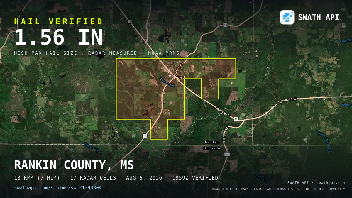 Storm card: 1.1–1.6" hail crossed Rankin County, MS — August 6, 2026