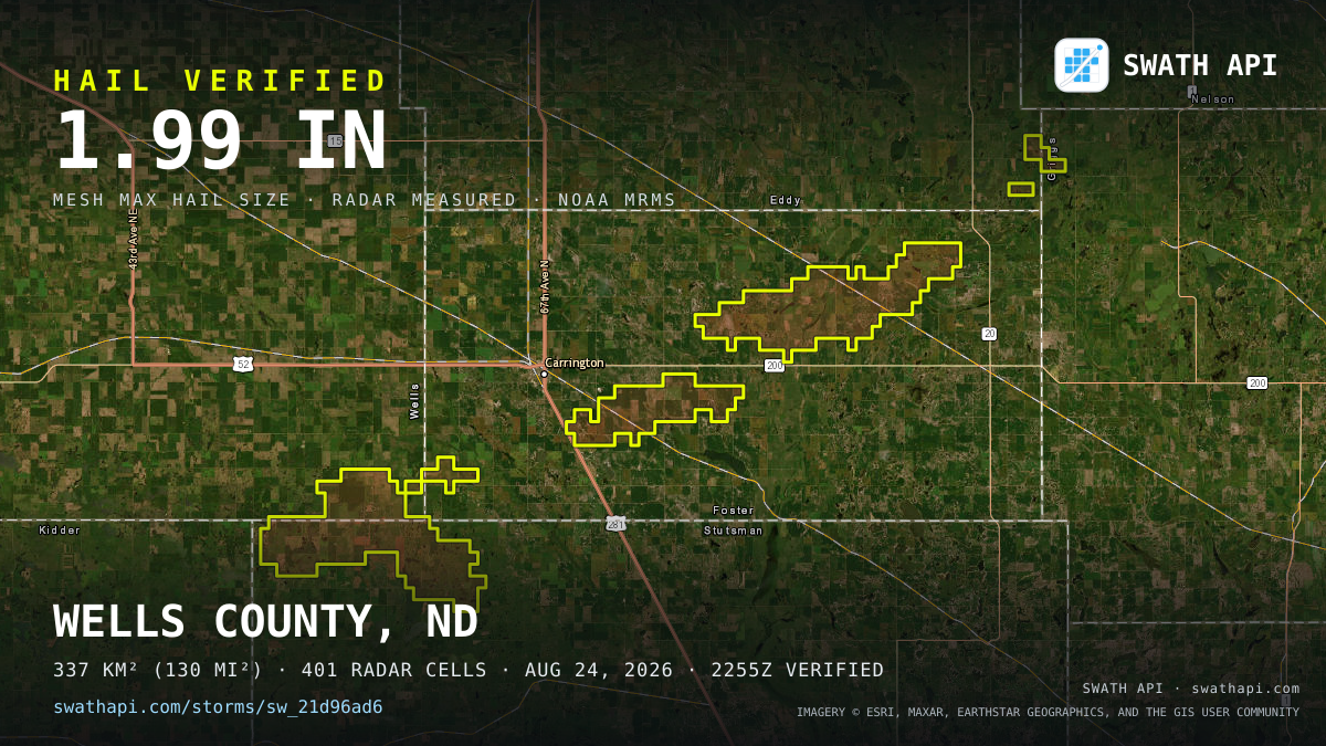 Storm card: 1.3–2" hail crossed Foster County, ND — August 24, 2026