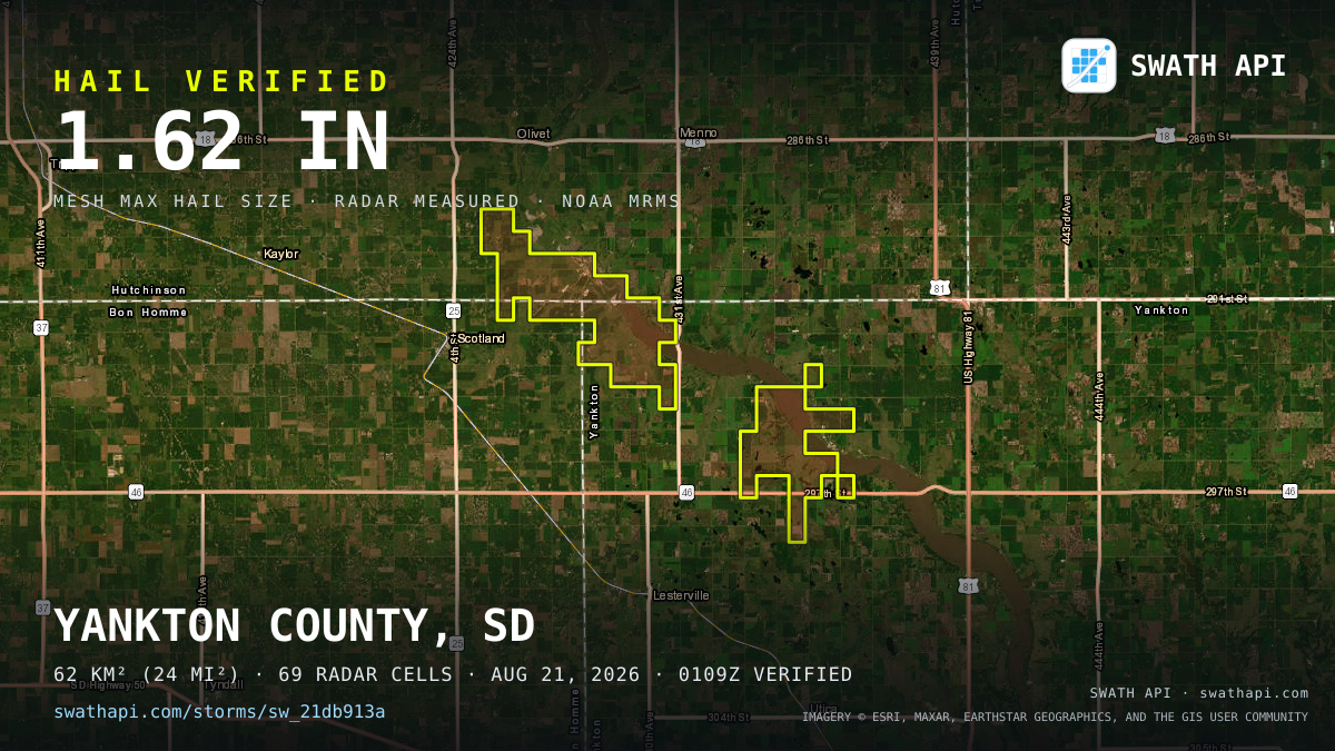 Storm card: 1.1–1.6" hail crossed Yankton County, SD — August 21, 2026