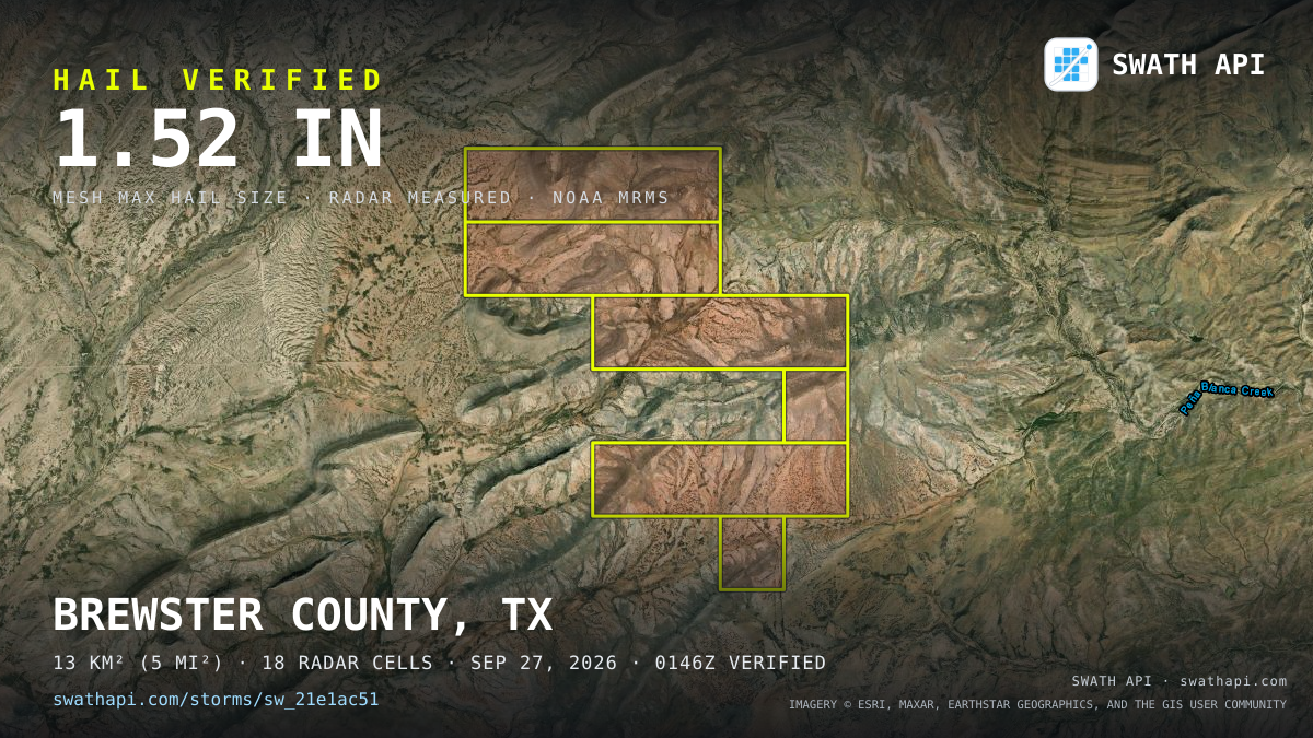 Storm card: 1.1–1.5" hail crossed Brewster County, TX — September 27, 2026