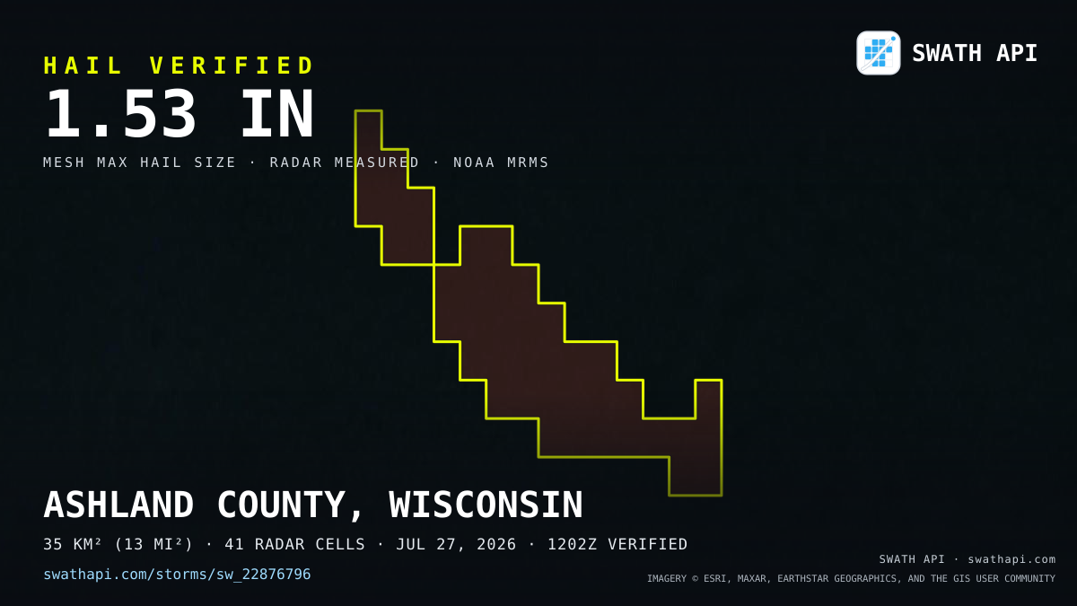 Storm card: 1.1–1.5" hail verified near 47.17, -90.29 — July 27, 2026