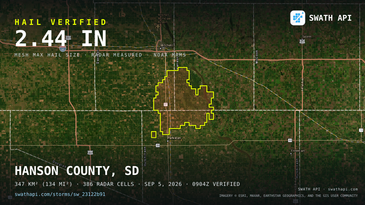 Storm card: 1.2–2.4" hail crossed Hanson County, SD — September 5, 2026