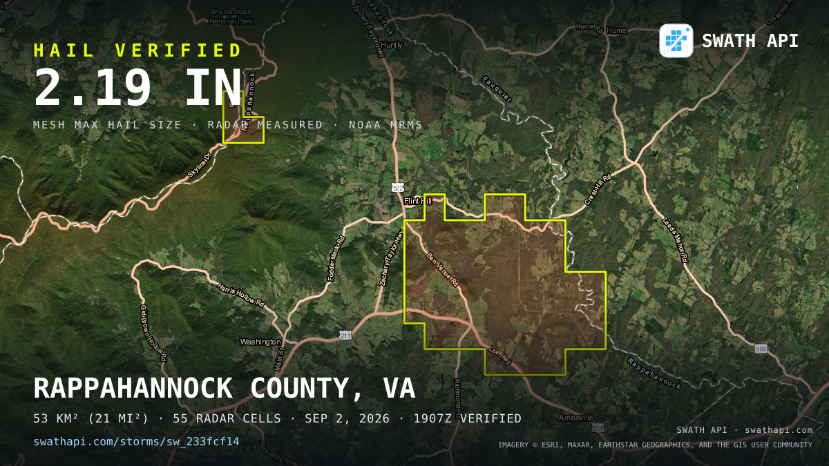 Storm card: 1.2–2.2" hail crossed Rappahannock County, VA — September 2, 2026