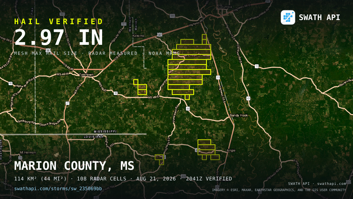 Storm card: 1.2–3" hail crossed Marion County, MS — August 21, 2026