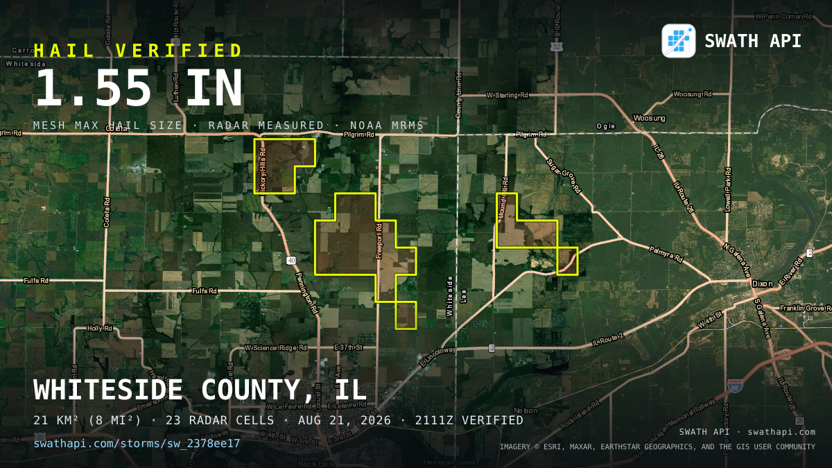 Storm card: 1.1–1.6" hail crossed Whiteside County, IL — August 21, 2026