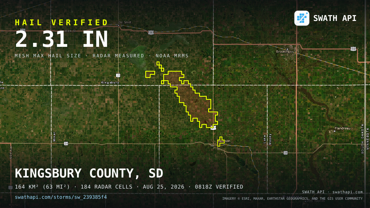 Storm card: 1.1–2.3" hail crossed Lake County, SD — August 25, 2026