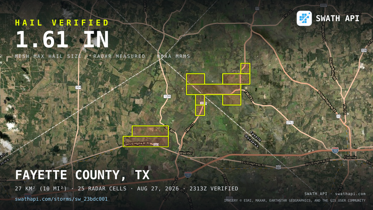 Storm card: 1.1–1.6" hail crossed Gonzales County, TX — August 27, 2026