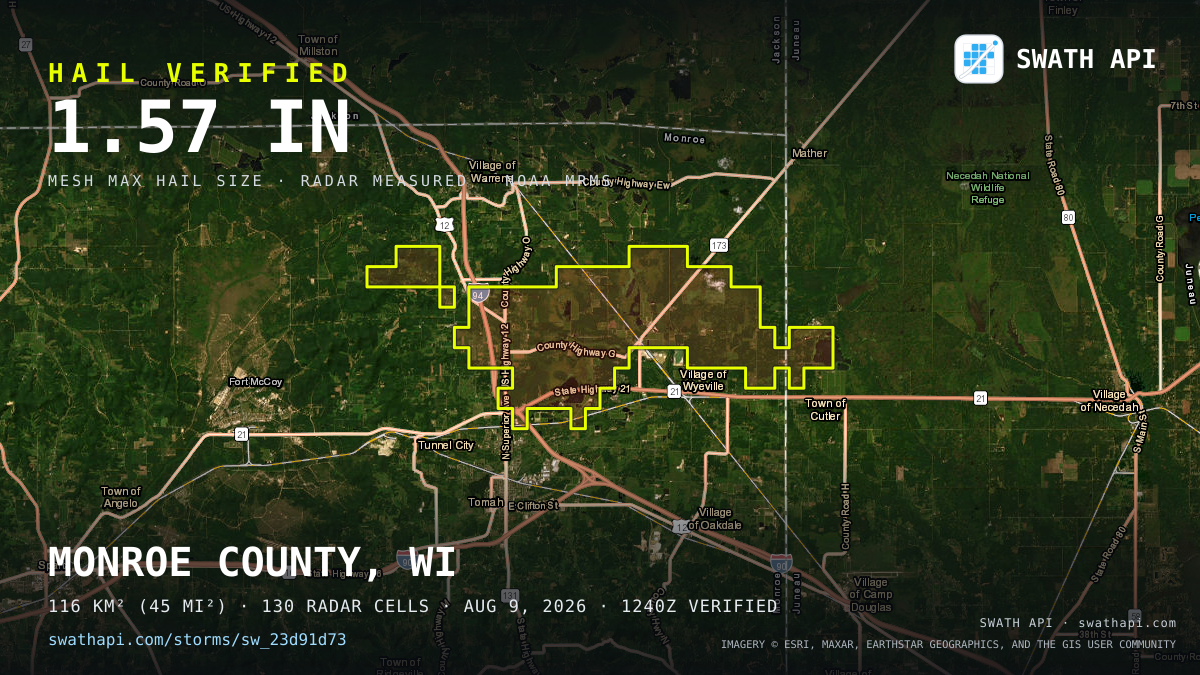 Storm card: 1.1–1.6" hail crossed Monroe County, WI — August 9, 2026