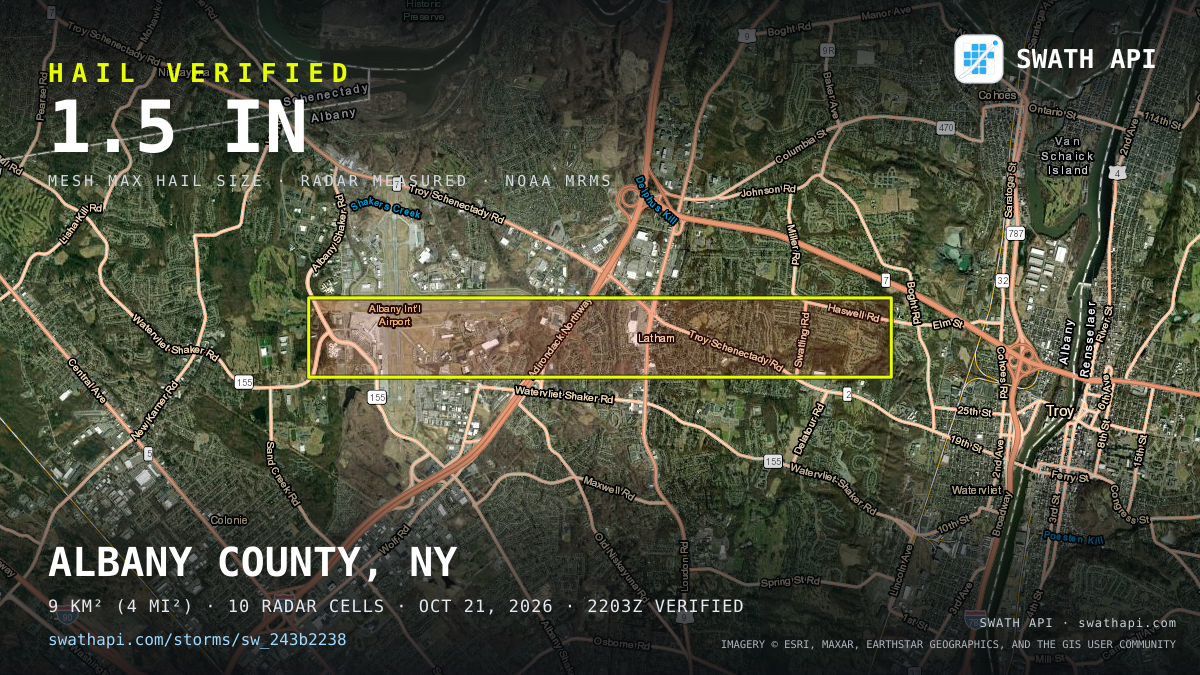 Storm card: 1.3–1.7" hail crossed Albany County, NY — October 21, 2026
