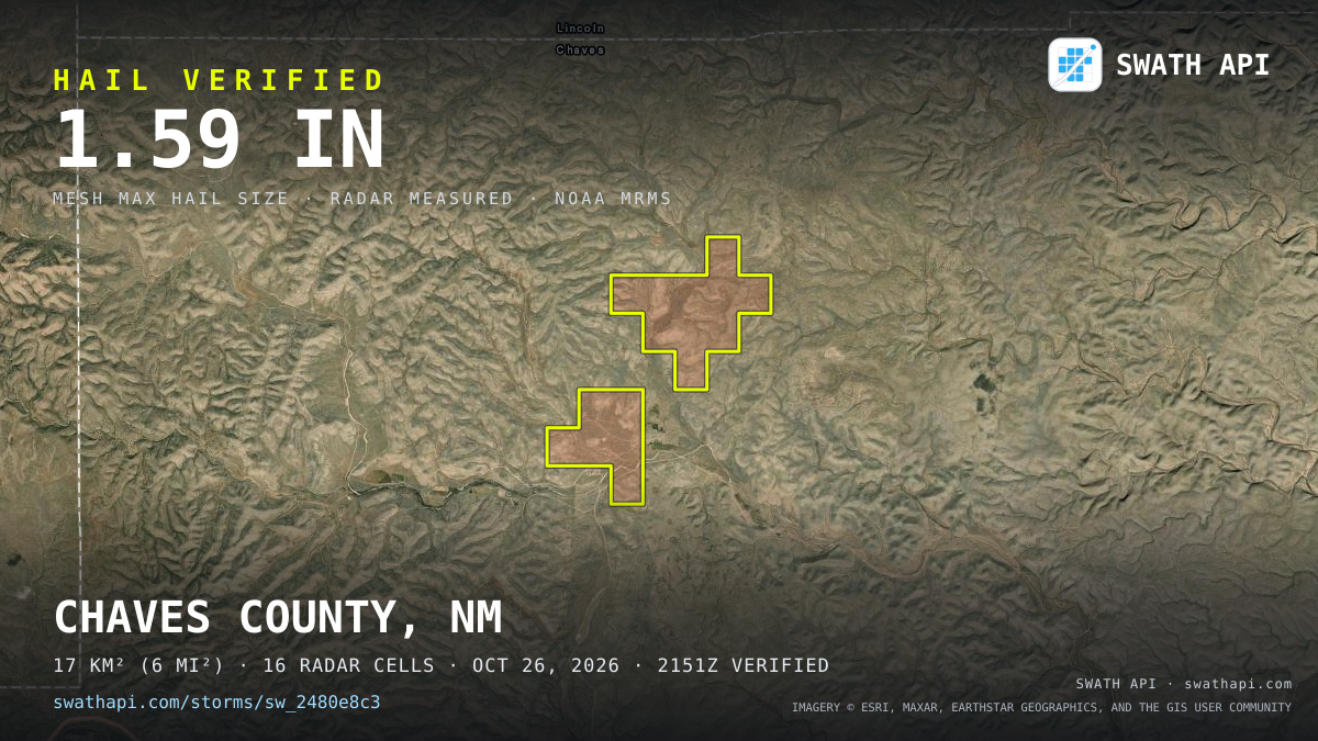 Storm card: 1.4–2.6" hail crossed Chaves County, NM — October 26, 2026