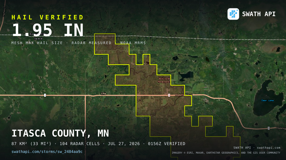 Storm card: 1.3–2" hail crossed Itasca County, MN — July 27, 2026