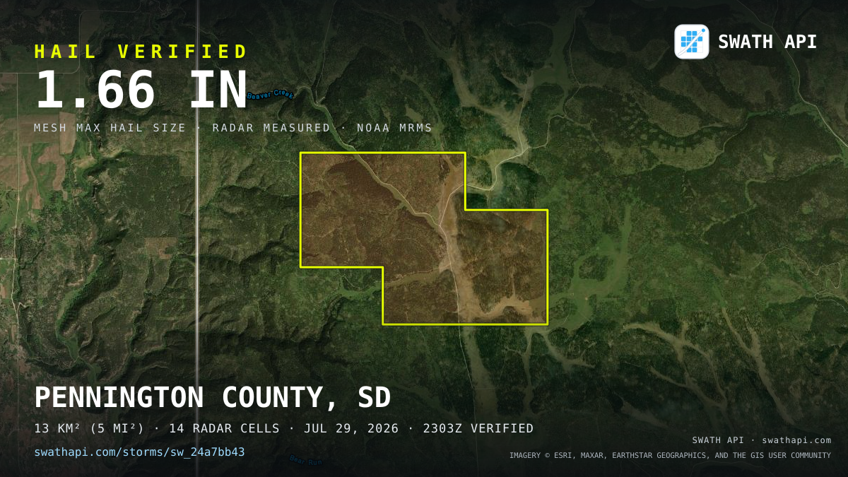 Storm card: 1.3–1.7" hail crossed Pennington County, SD — July 29, 2026