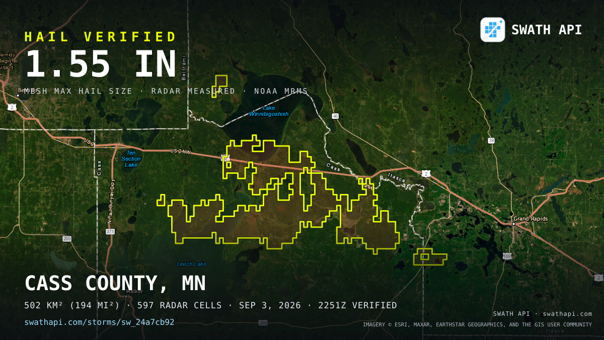 Storm card: 1.1–1.6" hail crossed Cass County, MN — September 3, 2026