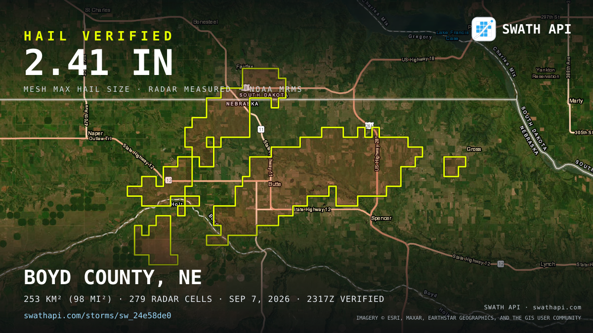 Storm card: 1.1–2.4" hail crossed Boyd County, NE — September 7, 2026