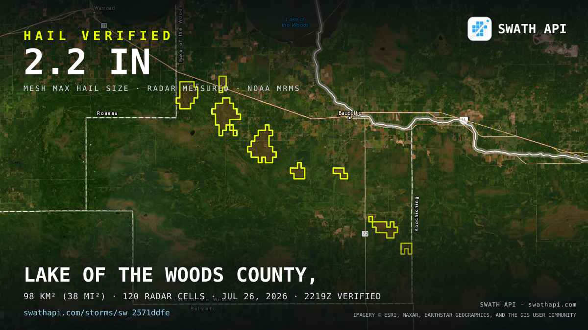 Storm card: 1.1–2.2" hail crossed Lake of the Woods County, MN — July 26, 2026
