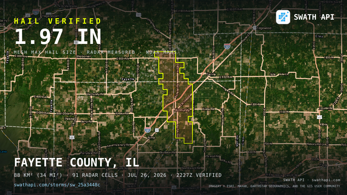 Storm card: 1.2–2" hail crossed Marion County, IL — July 26, 2026