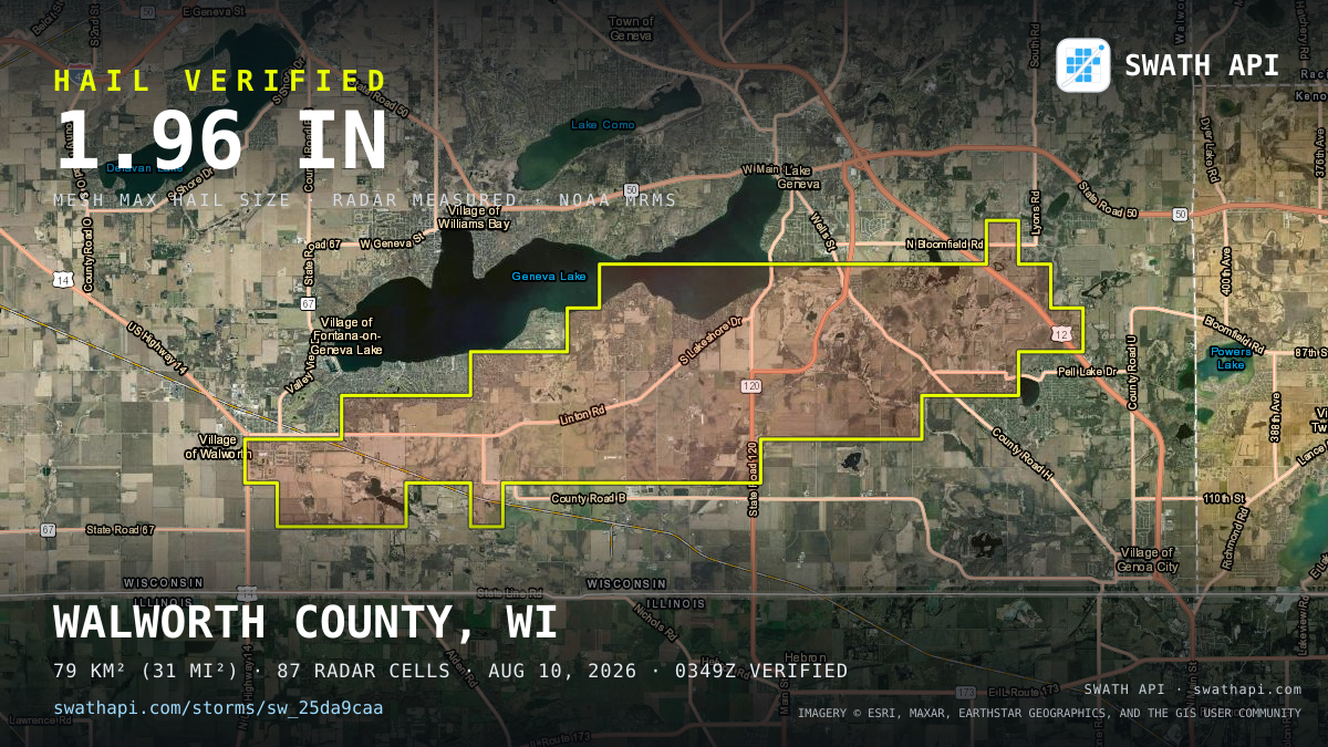 Storm card: 1.2–2" hail crossed Walworth County, WI — August 10, 2026