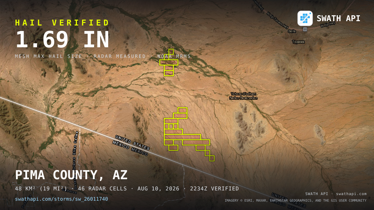 Storm card: 1.1–1.7" hail crossed Pima County, AZ — August 10, 2026