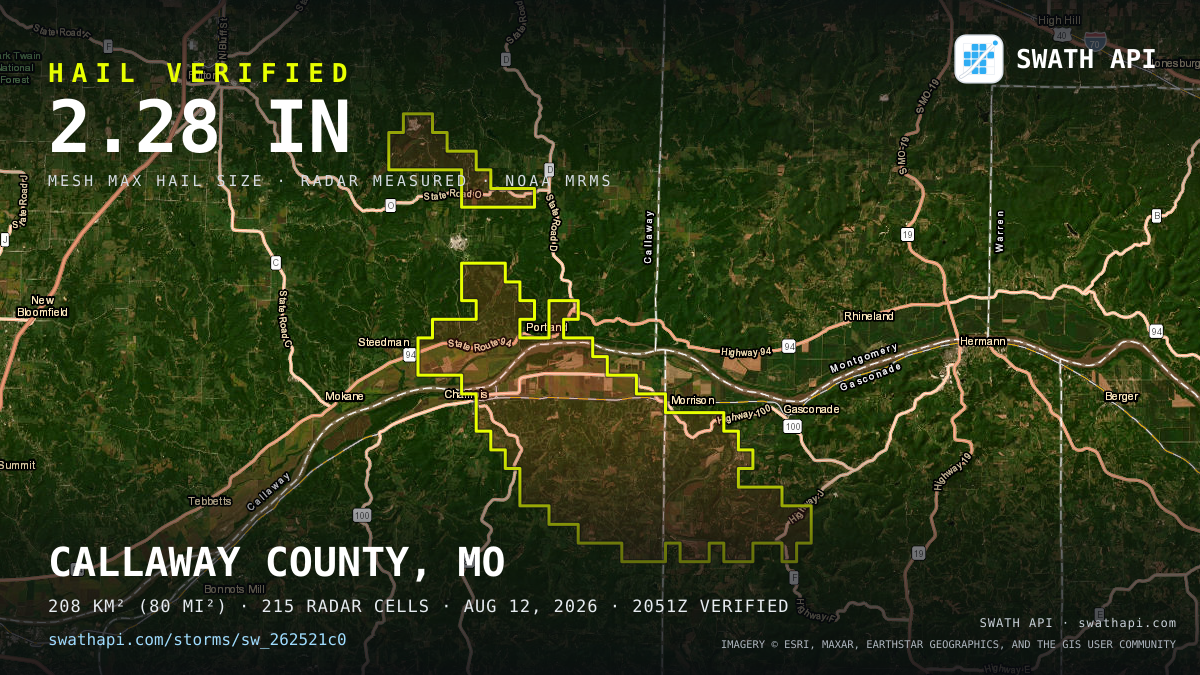 Storm card: 1.1–2.3" hail crossed Osage County, MO — August 12, 2026