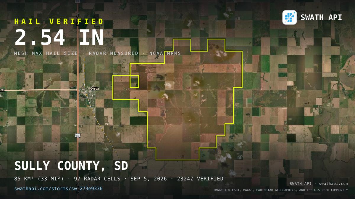 Storm card: 1.5–2.5" hail crossed Sully County, SD — September 5, 2026